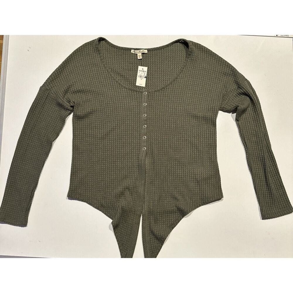 Express One Eleven Med Hunter Green Cropped Tie Bottom Knit Cardigan Sweater NWT